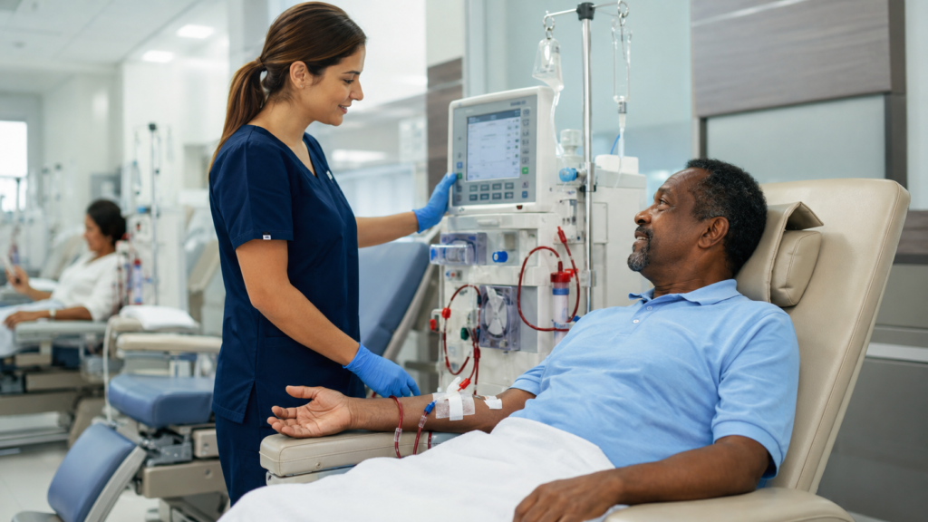 Patient receiving dialysis services in a modern hospital under the Saudi dialysis PPP project