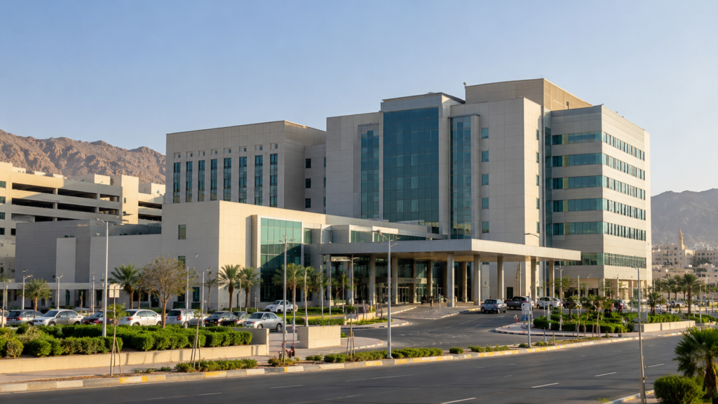 Modern hospital complex in Makkah representing the Umm Al Qura hospital PPP project in Saudi Arabia.